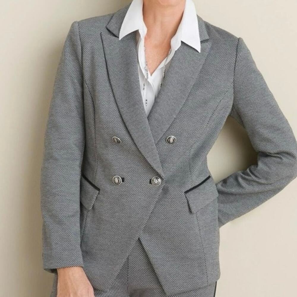 Chico's Size 2 Herringbone Leather Trim Double Breast Jacket Blazer Size Large